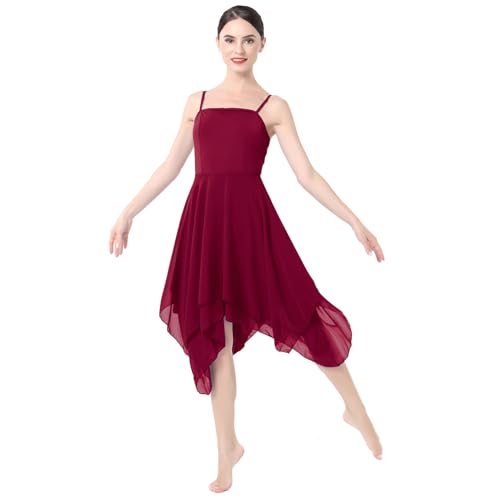 ODASDO Frauen Lyrical Dance Kostüm Modern Zeitgenössische Ballett Tanzkleidung Spaghettiträger Chiffon Flowy Kleid, Weinrot, X-Groß von ODASDO