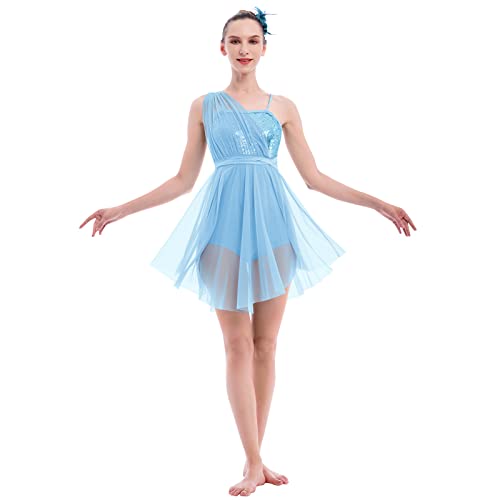 ODASDO Frauen Lyrical Dance Kostüm Modern Zeitgenössische Dancewear Pailletten Tüll Trikot Kleid mit Blume Haarspange, Blau, Klein von ODASDO