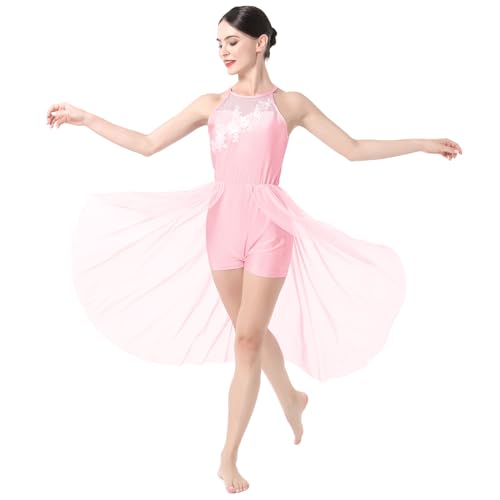 ODASDO Frauen Lyrical Dance Kostüme Blume Applique Ärmelloses Mesh Tüll Flowy Trikot Kleid Einteiler Bodysuit Kostüme, Pink, XS von ODASDO