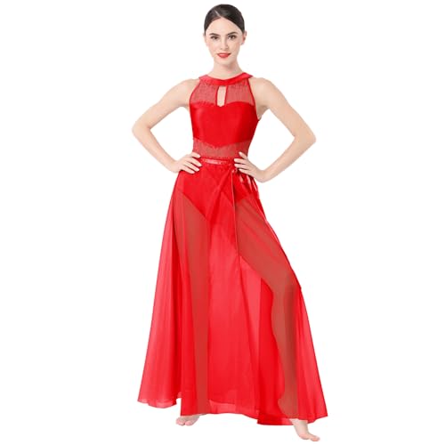 ODASDO Lyrical Dance Kostüm für Damen, Spitze, ärmellos, durchscheinend, fließend, langer Wickelrock, 2-teiliges Outfit, rot, X-Klein von ODASDO