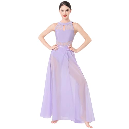 ODASDO Lyrical Dance Kostüm für Damen, Spitze, ärmellos, durchscheinend, fließend, langer Wickelrock, 2-teiliges Outfit, violett, Mittel von ODASDO
