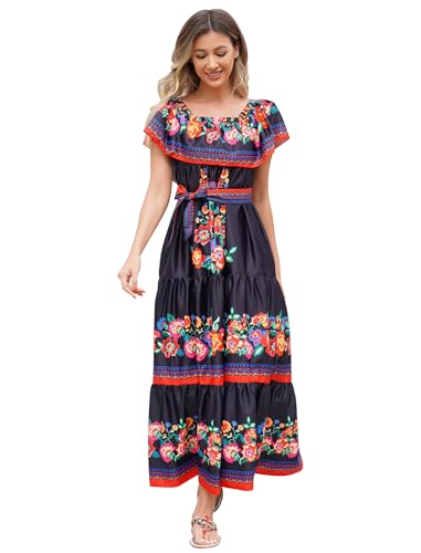 ODASDO Mexikanische Kleider für Frauen, traditionelles Fiesta, schulterfrei, Maxikleid, Sommer, lässig, Party, Strandkleid, Schwarz, 3X-Groß von ODASDO