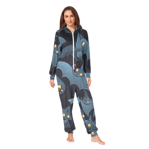 Bunte Neon Flecken Erwachsene Onesie Pyjama Langarm Overall Homewear Unisex Erwachsene Onesie Pyjama, Fledermäuse auf schwarzem Hintergrund, XL von ODAWA