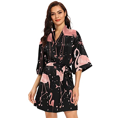 Damen-Bademantel im Meeresschildkröten-Stil, Satin, Kimono, leicht, Loungewear, Tropisches Muster Flamingo, M von ODAWA