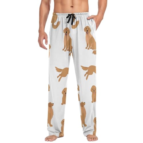 Herren Pyjamahose mit Leopardenmuster, Baumwolle, mit Taschen, Grün / Braun, Golden Retriever Hunde, M von ODAWA