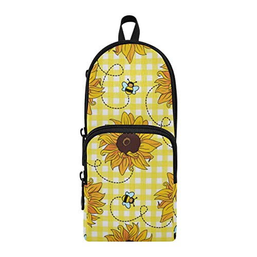ODAWA Bees Sonnenblumen-Federmäppchen mit drei Schichten mit Reißverschluss und geräumigem Stauraum für Studenten und Profis, 23,9 x 9,9 x 7,9 cm von ODAWA
