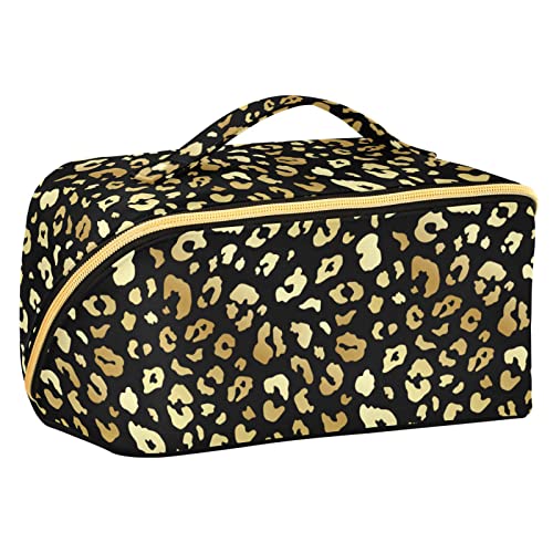 ODAWA Blaue Meerestiere Reise Make-up Tasche Tragbare Große Öffnung Kosmetiktasche Tolietry Tasche für Frauen und Mädchen, Goldfarbener Leopard von ODAWA