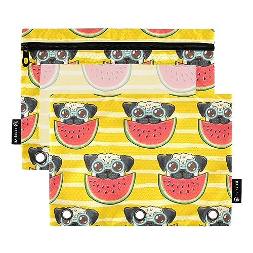 ODAWA Bulldog Dog Eatting Watermelon Yellow Stripe Binder Pencil Pouch, 2 Pack 3 Ring Pencil Pouch for Binder with Reinforced Grommets von ODAWA