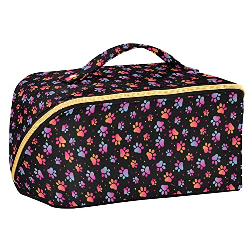 ODAWA Bunte Reise-Make-up-Tasche mit Pfotenabdruck, tragbar, große Öffnung, Kosmetiktasche für Damen und Mädchen, Pfote Tierfußabdruck bunt von ODAWA