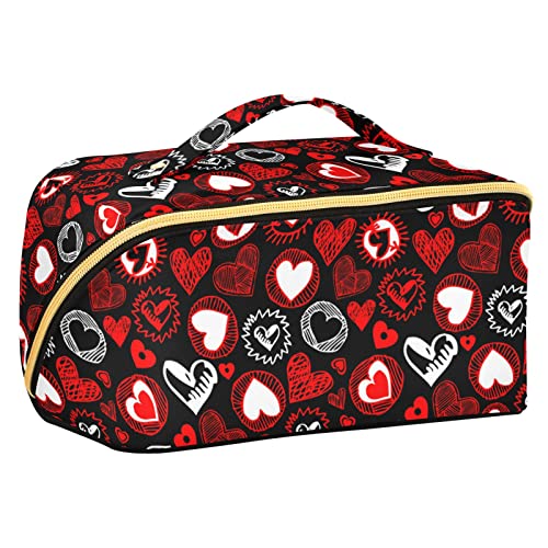 ODAWA Bunte Reise-Make-up-Tasche mit Pfotenabdruck, tragbar, große Öffnung, Kosmetiktasche für Damen und Mädchen, Schwarz Rot Herzen Muster von ODAWA