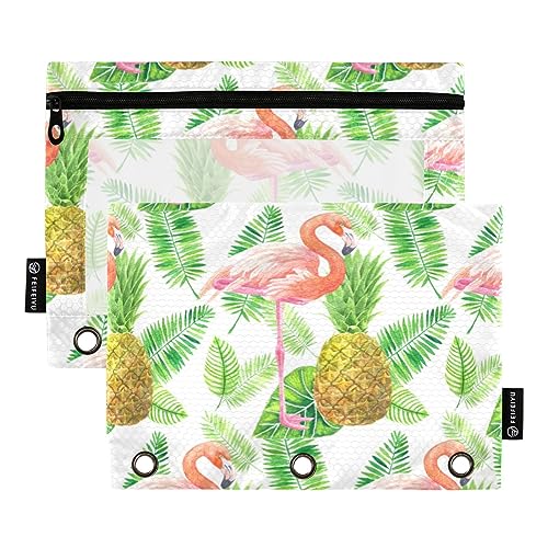 ODAWA Flamingo Ananas Blätter Binder Pouch, 2 Pack 3 Ring Binder Zubehör Bleistift Taschen mit Reißverschluss von ODAWA