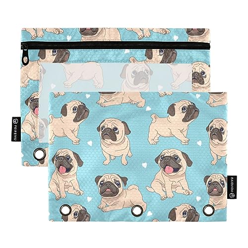 ODAWA Funny Pugs Blue Binder Pencil Pouch, 2 Pack 3 Ring Binder Accessories Large Capacity Binder Pouch von ODAWA