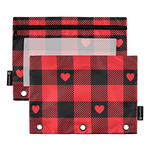 ODAWA Herz Büffel Plaid Valentinstag Binder Taschen für 3 Ringbuch Große Kapazität Bleistift Tasche für Klassenzimmer Aufbewahrung Schule Lehrer Zubehör, 2 Stück von ODAWA