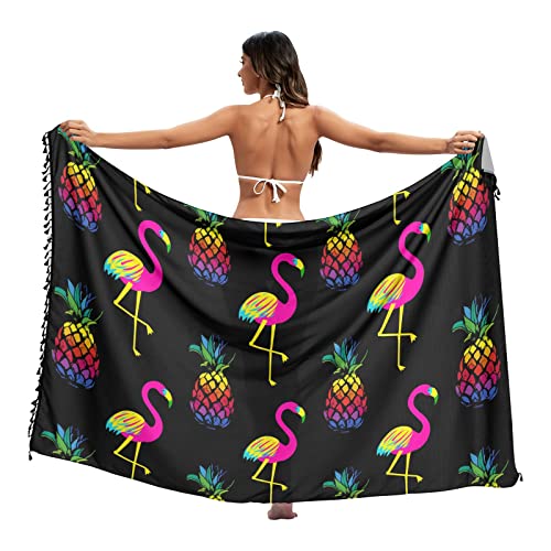 ODAWA Ice and Fire Highland Cattle Beach Sarong Damen Strand Pareos Sarong Sheer Bikini Kleid Schal Mädchen, Schwarzer Flamingo-Hintergrund, Large von ODAWA