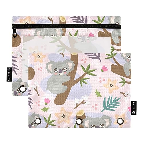 ODAWA Koala Blätter und Blumen Binder Bleistiftbeutel, 2 Stück 3 Ringbuch Federmäppchen mit transparentem Fenster von ODAWA