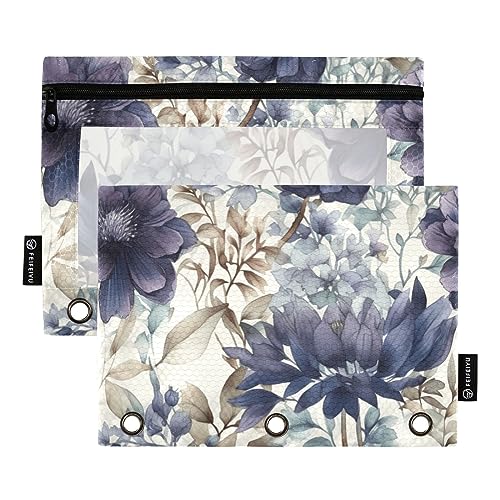 ODAWA Lila Beige Aquarell Blumen Binder Bleistift Pouch, 2 Pack 3 Ringbuch Zubehör Bleistift Taschen mit Reißverschluss von ODAWA