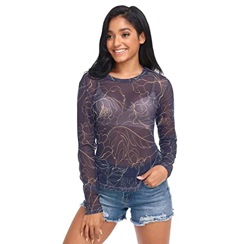 ODAWA Mardi Gras Sydney Langarm-Mesh-Shirt, durchsichtig, Netz-Top, Bluse für Damen und Mädchen, Blumige Pfingstrose, XX-Large von ODAWA