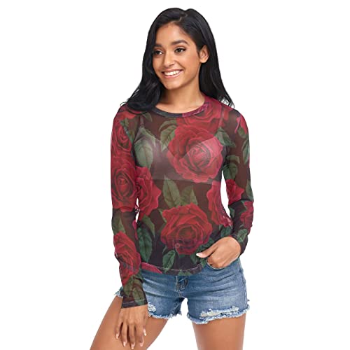 ODAWA Mardi Gras Sydney Langarm-Mesh-Shirt, durchsichtig, Netz-Top, T-Shirt, für Damen und Mädchen, Rote Rosen 2, X-Groß von ODAWA