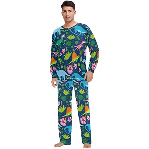 ODAWA Marineblaue Nachtwäsche für Herren und Damen, 2-teiliger Schlafanzug, Oberteil und Hose, Kindliches Dinosaurier-Motiv, X-Large von ODAWA