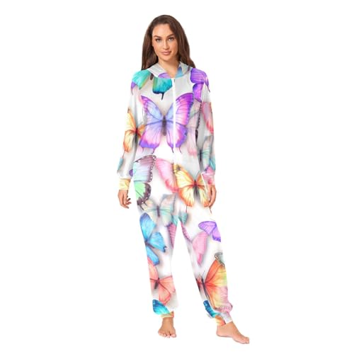 ODAWA Mehrfarbige Schmetterlinge Erwachsene Onesies Pyjama Warme Strampler Nachtwäsche Fleece Onesies Pyjama Jumpsuit, Mehrfarbige Schmetterlinge, X-Large von ODAWA