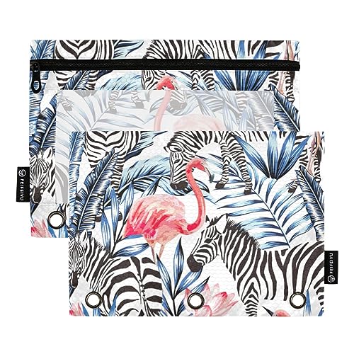 ODAWA Pink Flamingo Zebro Binder Pouch, 2 Pack 3 Ring Binder Pouch with Smooth Zipper, Clear Window Pencil Case for Binder von ODAWA