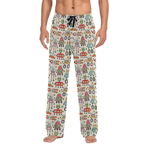 ODAWA Pyjamahose für Herren, Herbsternte, Schlaf-Lounge-Hose mit Taschen, lange PJ Hose, Niedliche, lustige Roboter, Small von ODAWA