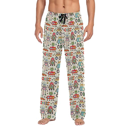 ODAWA Pyjamahose für Herren, Herbsternte, Schlaf-Lounge-Hose mit Taschen, lange PJ Hose, Niedliche, lustige Roboter, XX-Large von ODAWA