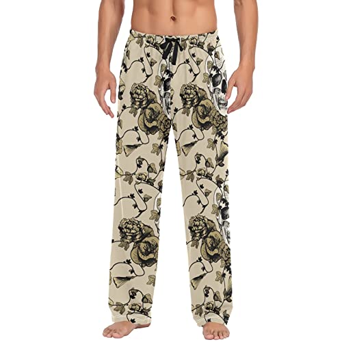 ODAWA Pyjamahose für Herren, Sonnenblumen, schwarzer Hintergrundmuster, Schlaf-Lounge-Hose mit Taschen, lange PJ Hose, totenkopf, Medium von ODAWA