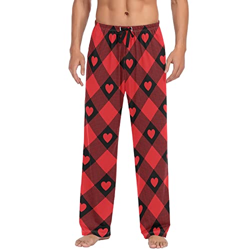 ODAWA Pyjamahose für Herren, Tierdruck, Leopardenmuster, Schlaf-Loungehose mit Taschen, lange PJ Hose, Kariertes Karomuster mit roten Herzen, Medium von ODAWA