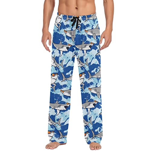 ODAWA Pyjamahose für Herren, nahtlose Kunststruktur, Schlaf-Loungehose mit Taschen, lange PJ Hose, Krawatte, Haifisch-Design, Small von ODAWA