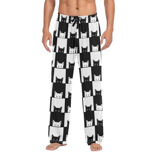 ODAWA Pyjamahose für Herren, traditioneller Stil, Schlaf-Lounge-Hose mit Taschen, lange PJ-Hose, Schwarze und weiße Katze, Large von ODAWA