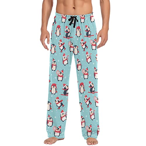 ODAWA Pyjamahose für Herren, verschneite Vögel, Schlaf-Lounge-Hose mit Taschen, lange PJ Hose, Süße Pinguine, Large von ODAWA