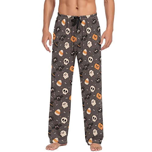 ODAWA Pyjamahose für Herren Halloween Kürbis Schlaf Lounge Hose mit Taschen Lange PJ Hose, Halloween-Kürbis-Totenkopf-Katze, Large von ODAWA