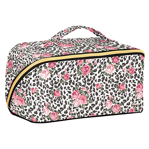 ODAWA Reise-Make-up-Tasche, tragbar, große Öffnung, Tolietry-Tasche für Damen und Mädchen, Tarnmuster, Rot, Rose Leopard von ODAWA