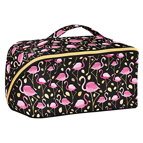 ODAWA Reise-Make-up-Tasche im Vintage-Stil, Blumenmuster, tragbar, große Öffnung, Kosmetiktasche für Damen und Mädchen, Muster Rosa Flamingos von ODAWA