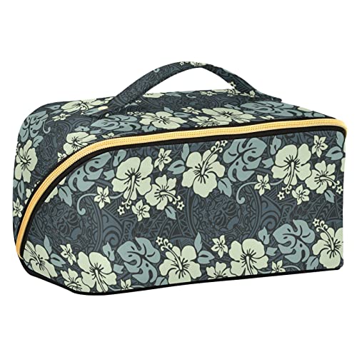 ODAWA Reise-Make-up-Tasche im Vintage-Stil mit Hawaii-Blumen, tragbar, große Öffnung, Kosmetiktasche für Damen und Mädchen, Blumen Hintergrund von ODAWA