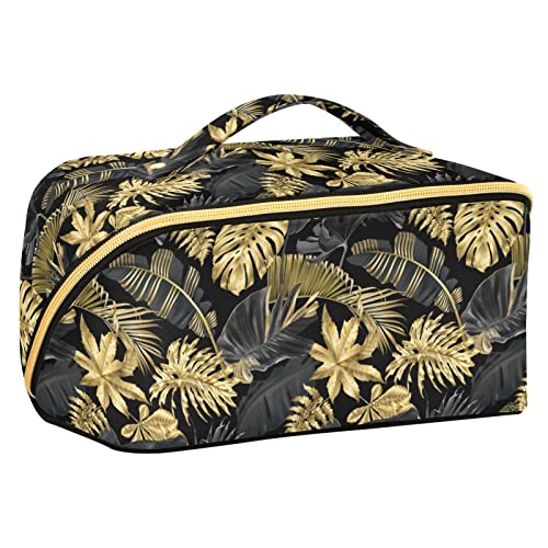 ODAWA Reise-Make-up-Tasche im Vintage-Stil mit Hawaii-Blumen, tragbar, große Öffnung, Kosmetiktasche für Damen und Mädchen, Gold Schwarz Tropisch von ODAWA