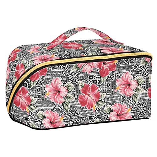 ODAWA Reise-Make-up-Tasche im Vintage-Stil mit Hawaii-Blumen, tragbar, große Öffnung, Kosmetiktasche für Damen und Mädchen, Rosa Hibiskusblüte von ODAWA