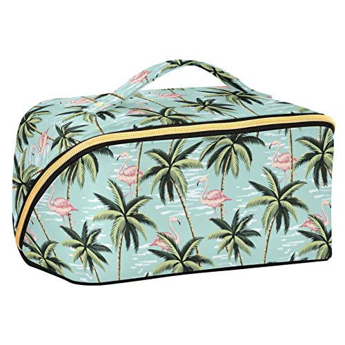 ODAWA Reise-Make-up-Tasche im Vintage-Stil mit Hawaii-Blumen, tragbar, große Öffnung, Kosmetiktasche für Damen und Mädchen, Vintage Flamingo Palm von ODAWA