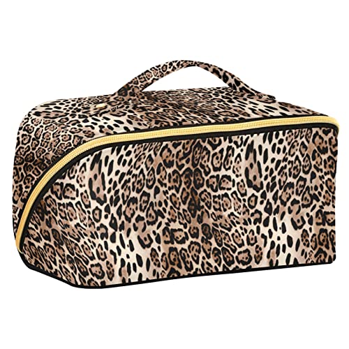 ODAWA Reise-Make-up-Tasche mit Ananas, tragbar, große Öffnung, Kosmetiktasche, Kosmetiktasche für Damen und Mädchen, goldfarben, Leoparden-Print von ODAWA