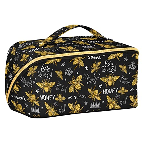 ODAWA Reise-Make-up-Tasche mit Bienen-Motiv, tragbar, große Öffnung, Kosmetiktasche, Werkzeugtasche für Damen und Mädchen, Hohey Bee Schwarz von ODAWA