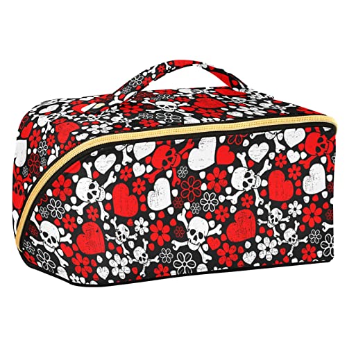 ODAWA Reise-Make-up-Tasche mit Dschungel-Leoparden-Streifen, tragbar, große Öffnung, Kosmetiktasche, Werkzeugtasche für Damen und Mädchen, Rote Totenköpfe Blumen Herzen von ODAWA