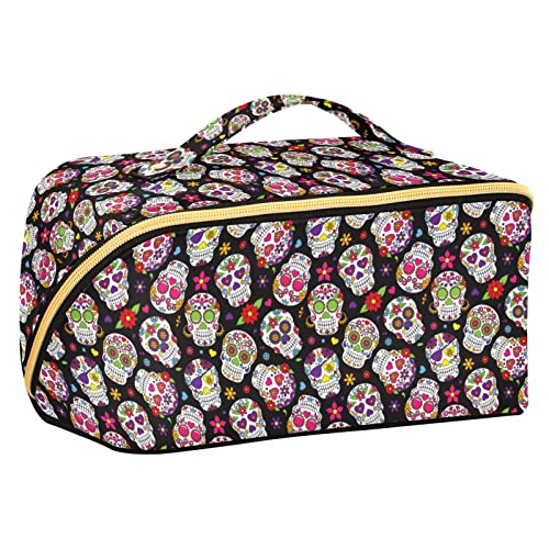 ODAWA Reise-Make-up-Tasche mit Spinnennetz-Hintergrund, tragbar, große Öffnung, Kosmetiktasche für Damen und Mädchen, Sugar Skull von ODAWA