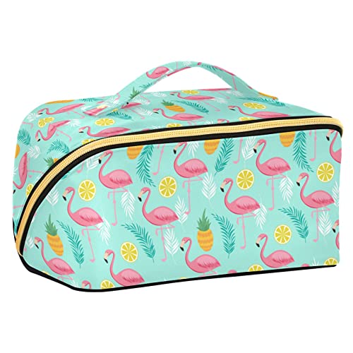 ODAWA Reise-Make-up-Tasche mit goldenem Hintergrund, tragbar, große Öffnung, Kosmetiktasche, Werkzeugtasche für Damen und Mädchen, Rosa Flamingo Ananas von ODAWA