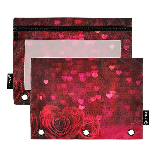 ODAWA Rosenstrauß Herzen Binder Taschen, 2 Pack Zipper Pouch für 3 Ringbuch Reißverschluss Bleistift Pouches Fall Binder Kosmetiktasche von ODAWA