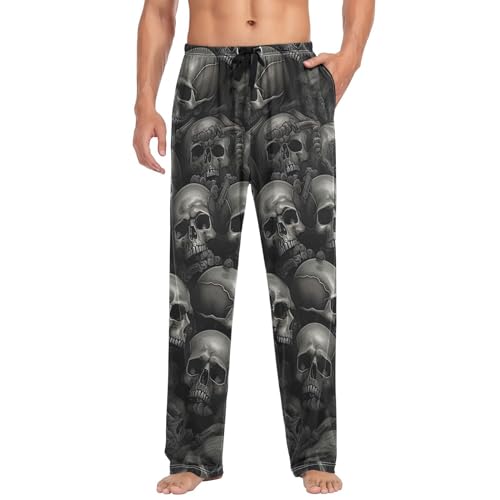 ODAWA Weiße Katze Katzen mit verschiedenen Gesichtern Weiche Pyjamahose Weiche Baumwolle Lounge Hose Lounge Pyjamahose für Männer, Totenköpfe Grau, Medium von ODAWA