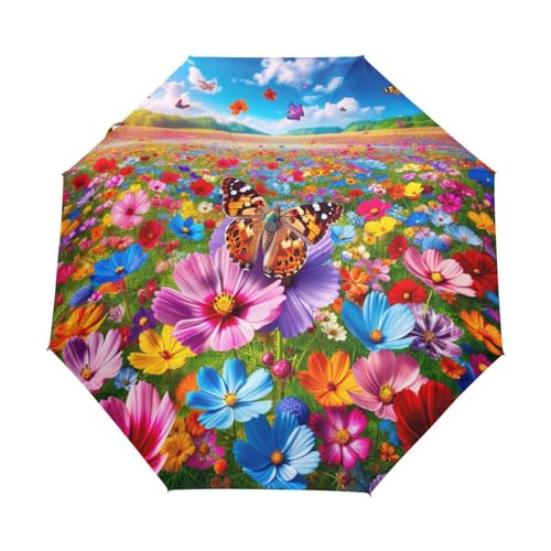 ODAWA Winddichter tragbarer Regenschirm, bunte Blumen mit Schmetterling, automatisch, faltbar, leicht, Reise-Regenschirme für Damen und Herren von ODAWA