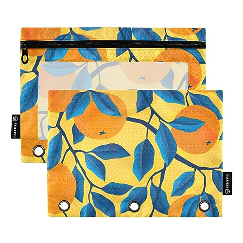 Tropical Orange Print Yellow Binder Pouches, 2 Pack Zipper Pouch for 3 Ring Binder with Smooth Zipper, Clear Window Pencil Case for Binder von ODAWA