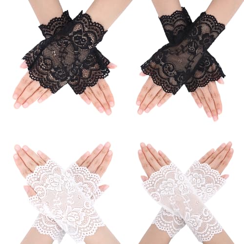 ODDerZZii Jahrestag Geschenk für Sie, 4 Paar Fingerlose Handschuhe Damen, Armstulpen Spitze, Weisse Handschuhe Damen und Spitzenhandschuhe Schwarz, Spitzenhandschuhe Weiß, Spitzen Handschuhe Schwarz von ODDerZZii