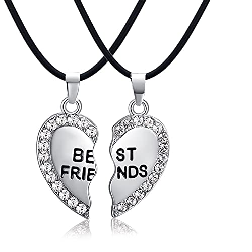 ODETOJOY Best Friends Halskette für 2 BFF Herz gebrochen Halskette Strass Beste Freunde Gravur Buchstaben Anhänger (Silber), Strass von ODETOJOY